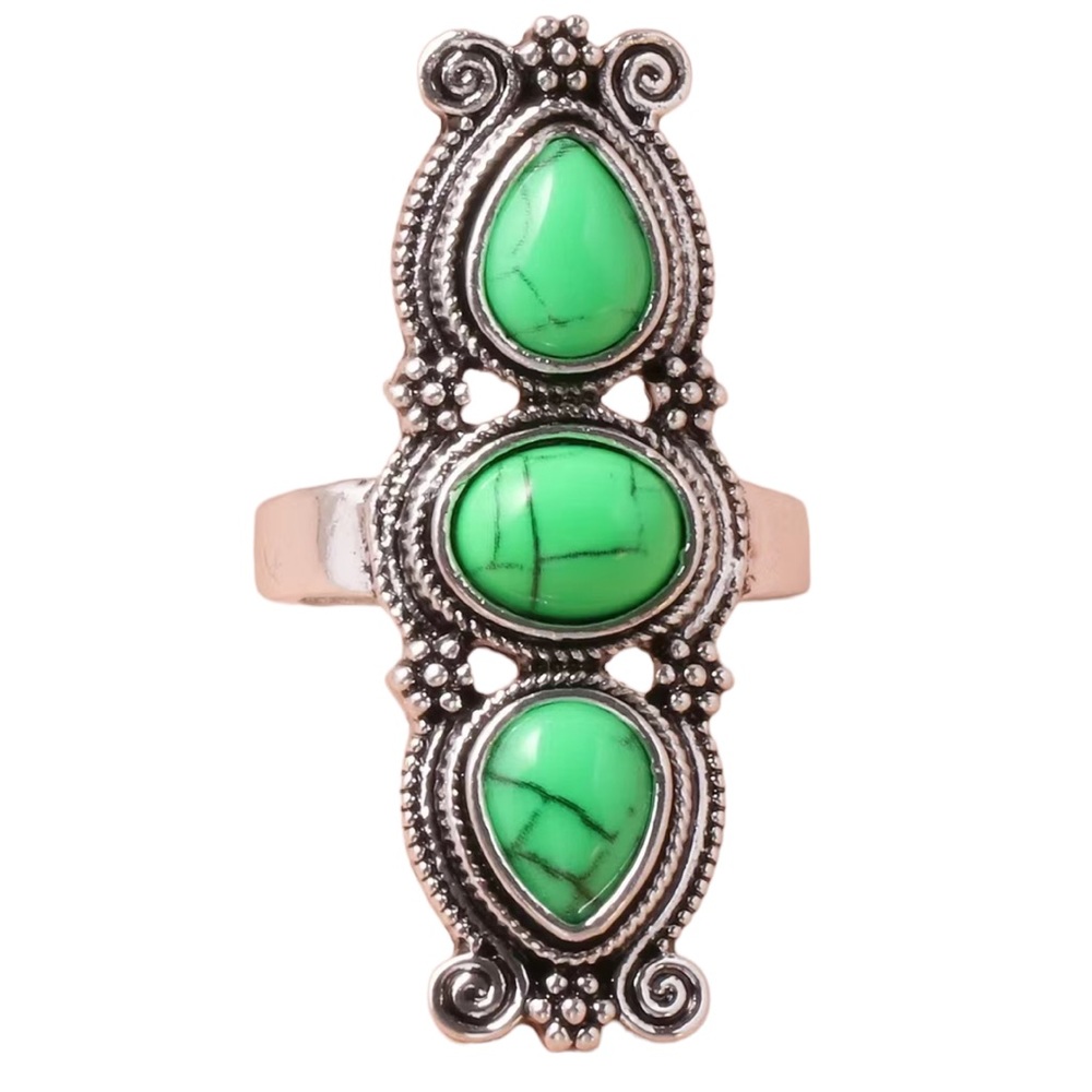 Long Style Silver and Triple Green Resin Stone Ring